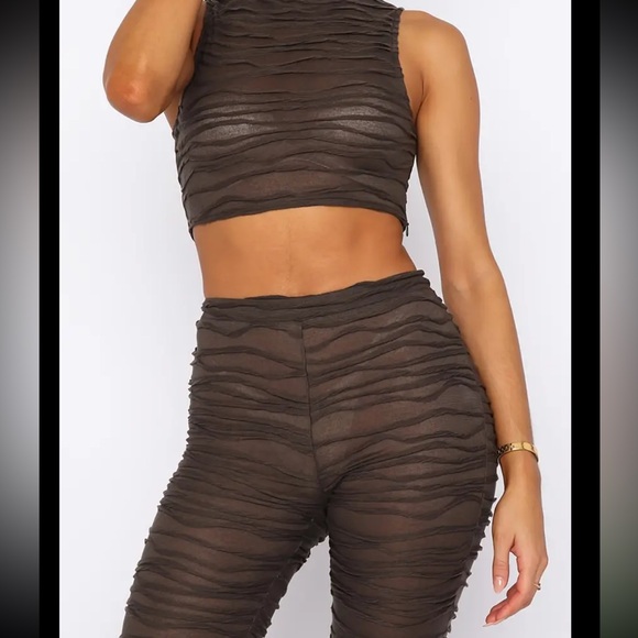 Large Y2K Brown Abstract Ruched Set Crop Top & High Waist Pants Light & Stretchy - Picture 8 of 9